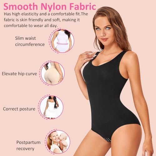 PALAY® Womens' Waist Trainer Tummy Control Seamless Tops Compression Butt Lifting Shapewear Round Neck Bodysuits, XL-XXL