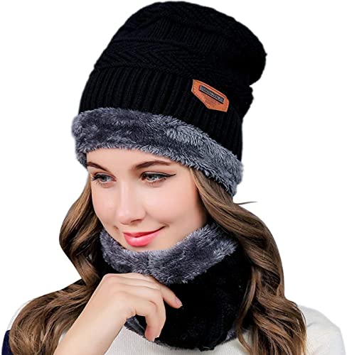 PALAY® Black Winter Warm Knitted Hats with Neck Gaiter Knitted Scarf Set,Beanie Cap Hat Neck Hat for Men and Women