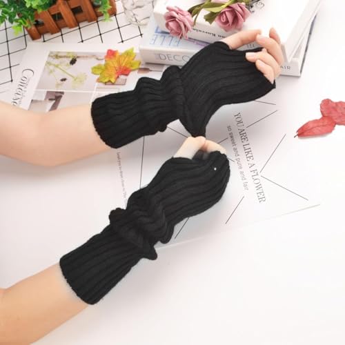 PALAY® Arm Warmers for Women Long Fingerless Gloves Winter Knitted Y2K Arm Sleeves for Teen Girls Fashion Half Finger Hand Wrist Warmer Daily Party Hip Hop Black 3PCS