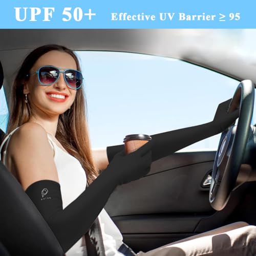 PALAY® Sun Protection Gloves & UV Arm Sleeves Combo for Women, Breathable Silk, Non-Slip, Touch Screen, Cooling, Full Finger & Open Tip, Outdoor Driving, Cycling, Gardening – Black