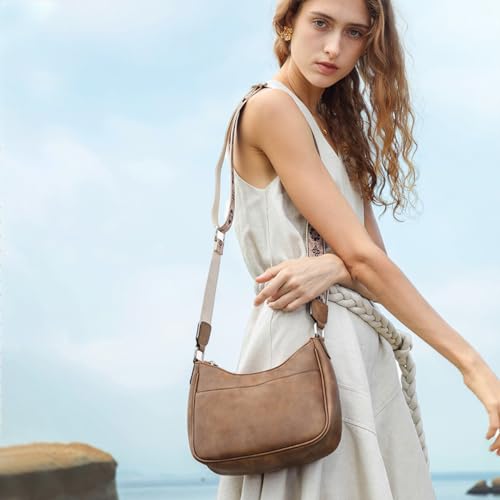 PALAY® Women Satchel Bag Fashion PU Solid Brown Crossbody Sling Shoulder with Woven Embossed Strap Casual Daily 2 PCS