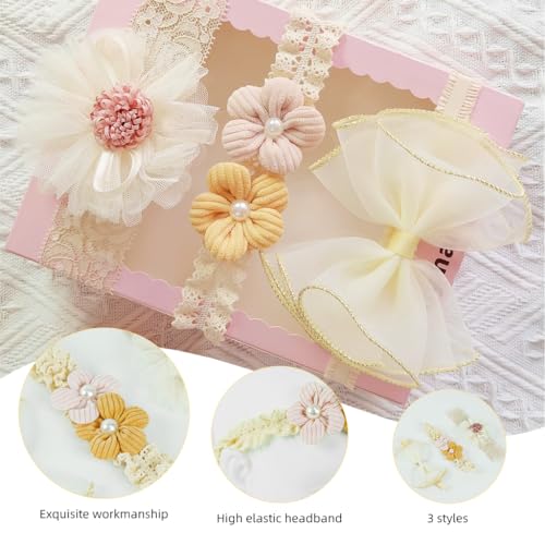 PALAY® 3pcs Bow Hairband for Baby Girl, Lace Flower Headband for Baby Girl, Cute Elastic Newborn Hairband Hair Accessories for Baby Girl Toddlers Gifts