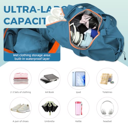 PALAY® Gym Bag Fashion Nylon with Shoe Compartment Lightweight Duffle Shoulder Travel Waterproof Day Pack Adjustable Strap Blue 2 PCS