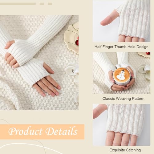 PALAY® Arm Warmers for Women, White Long Fingerless Gloves for Women, y2k Aesthetic Clothes Winter Knitted Arm Sleeves Gloves for Teen Girls, Hand Warmer for Daily, Party, Hip Hop