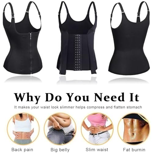 PALAY® Waist Trainer for Women Corset Shapewear with Zipper, Women's Waist Cincher Tank Top Vest Sport Workout Girdle Hourglass Body Shaper with Adjustable Straps, XXL, Black