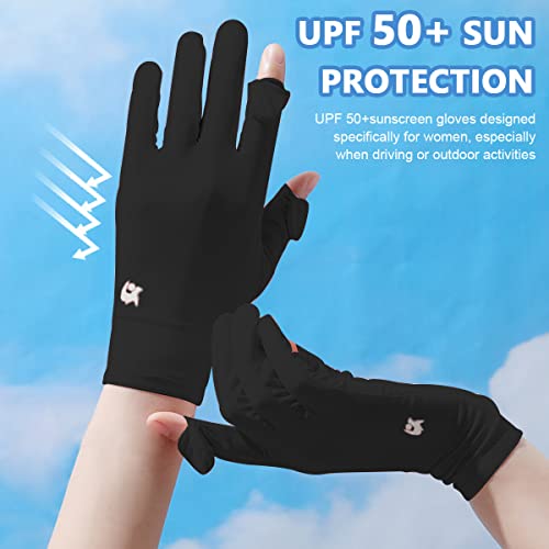 PALAY® Sun Protection Gloves & UV Arm Sleeves Combo for Women, Breathable Silk, Non-Slip, Touch Screen, Cooling, Full Finger & Open Tip, Outdoor Driving, Cycling, Gardening – Black
