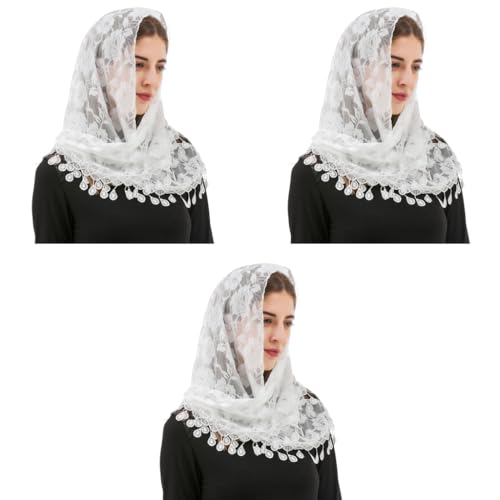 PALAY® Mass Veil for Women Triangle Chapel Mantilla Lace Shawl Embroidery Rose Tassle Scarf Ladies Cathedral Headwear Church Covering White 3 PCS