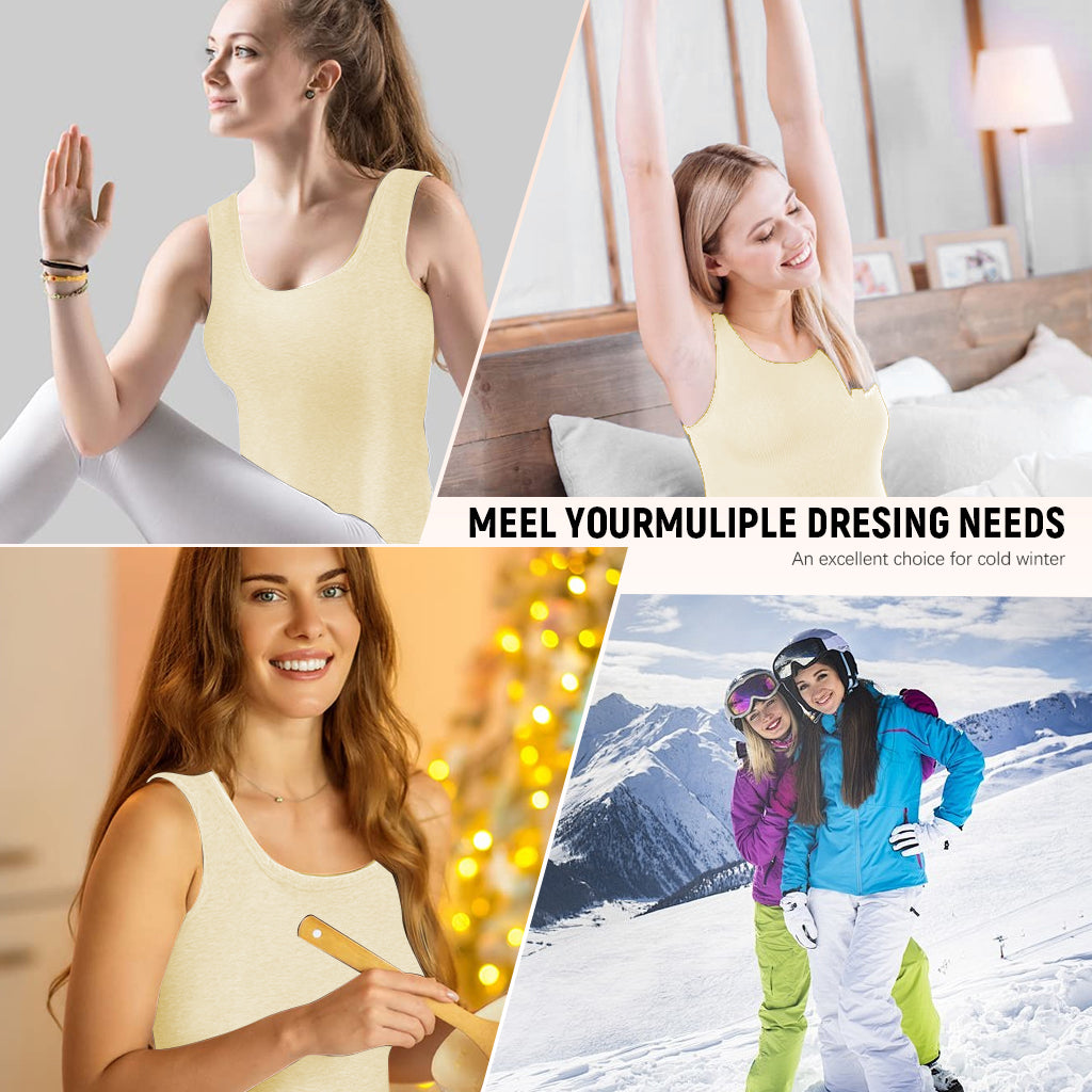 PALAY® Thermal Top for Women U-neck Thermal Vest Top for Women Winter Thermal Fleece Lined Wide Strap Vest Thick Tank Top Winter Basic Warm Vest, Beige