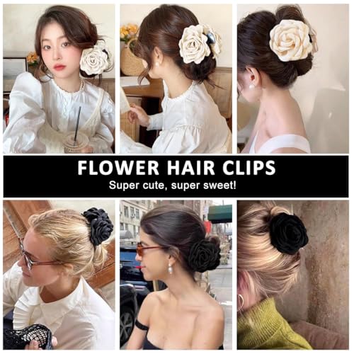 PALAY® 4PCS Rose Hair Claw Clips for Women Aesthetic Large 3.5 In Clutchers Blooming Flower Clip Hawaiian Fashion Black White