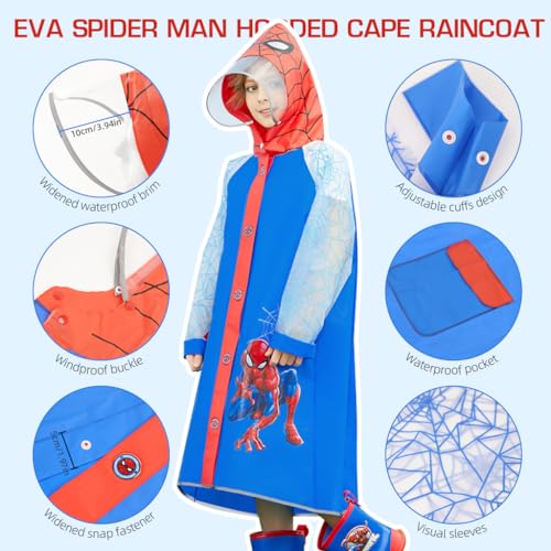 PALAY® Rain Coat for Kids Spider Man Poncho Raincoat for Kids 6-9 Years Boys Girls With Pockets Wide Brim Hooded Poncho Safe School Bag Rain Cover Spider print Recommended Height 130-140CM(XL Size)