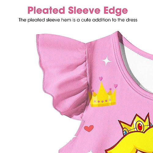 PALAY® Girls Dress Princess Peach Dress Costume for Toddler Kids, Cartoon Ruffle Sleeve Summer Homewear Dresses Silk-Feel Party Dress for Girls 5-6 Years Old Gift, Pink