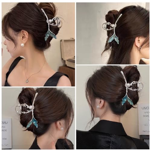 PALAY® Hair Claw Clip for Women Stylish Large Mermaid Pearl Hair Clutches Women Non-Slip Metal Hair Jaw Clips Strong Hold Bun Hair Accessories - Silver