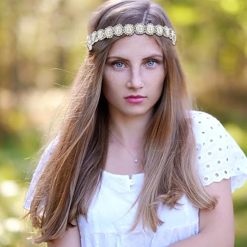 PALAY® 2pcs Beaded Headband for Women, Pearl Rhinestone Elastic Hair Bands Fashion Handmade Jewelry Headband for Girls Ladies