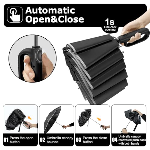 PALAY® Large Umbrella for Men Women with Reflective Strap 50 Inch Automatic Open Close Windproof Travel Folding Reinforced 10 Dual Ribs 99 UV Protection Carabiner Handle Design 3PCS