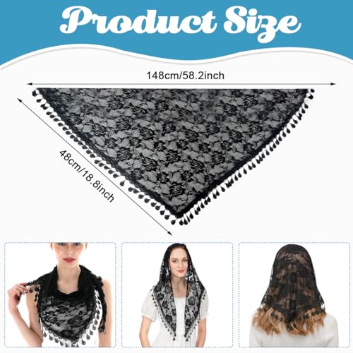 PALAY® Triangle Lace Mantilla Veil Head Scarf Church Veil Mass Veil for Women Embroidery Rose Tassel Ladies Cathedral Head Covering for Mass Wedding Bridesmaids - Black