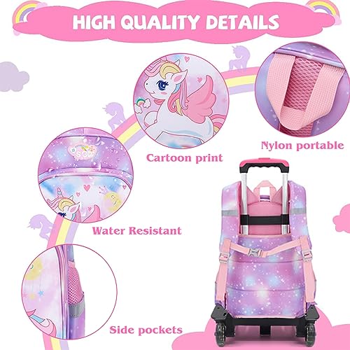 PALAY® Unicorn Print School Backpack for Girls Travel BackPack for Girl School Bag on Wheel Detachable Wheel Stand Gift School Bag for Girls Primary Student