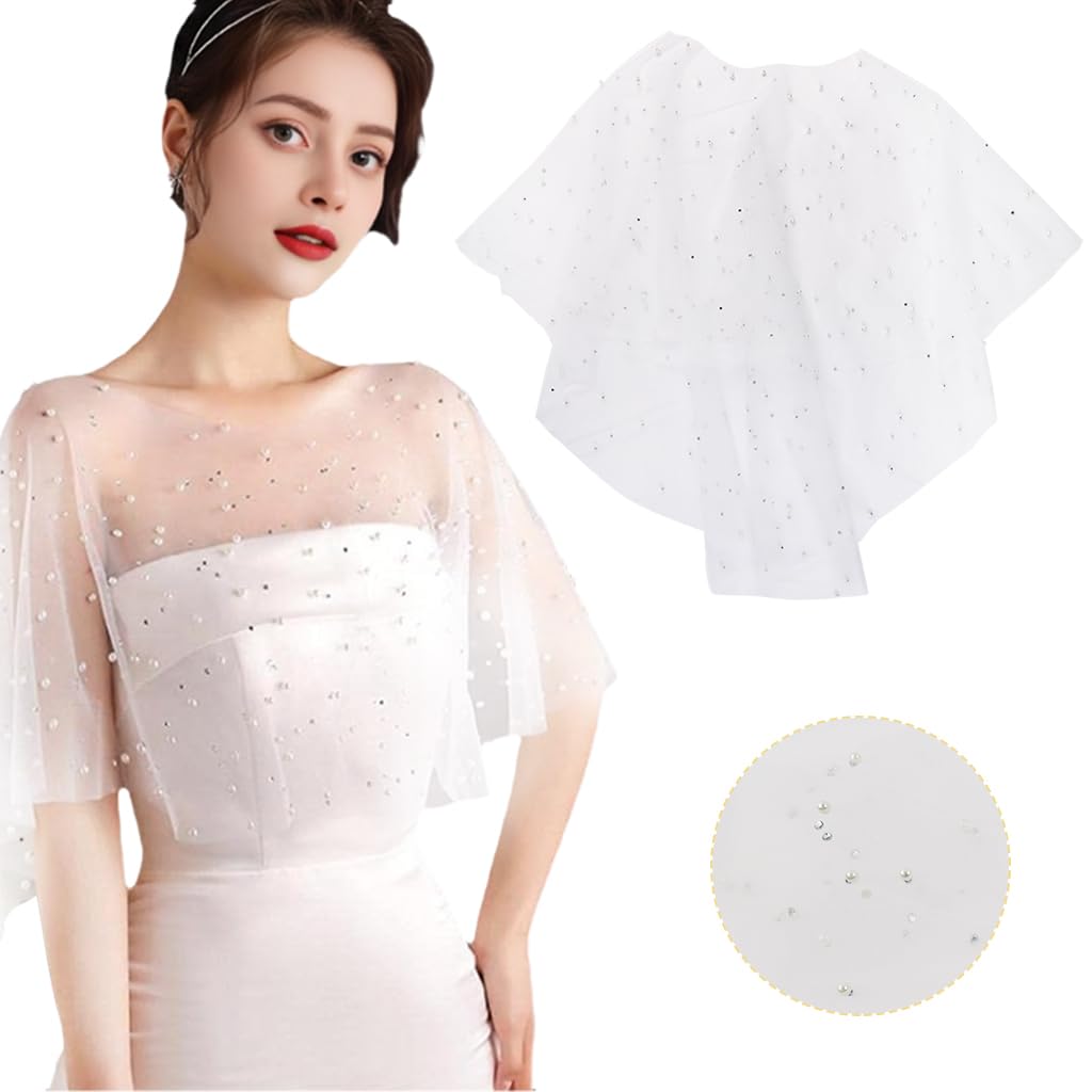 PALAY® White Tulle Shawls Detachable Pearl Capes Cover Up Fashion Bridal Dresses Capelets for Party Clothing Accessories