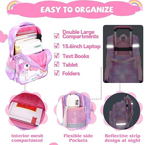 PALAY® Unicorn Print School Backpack for Girls Travel BackPack for Girl School Bag on Wheel Detachable Wheel Stand Gift School Bag for Girls Primary Student