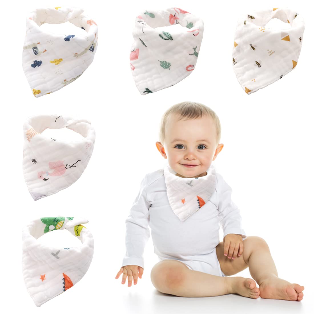 PALAY® 5Pcs Ultra Soft Skin Friendly Pure Cotton Toddlers Baby Bibs for 6 to 24 Months