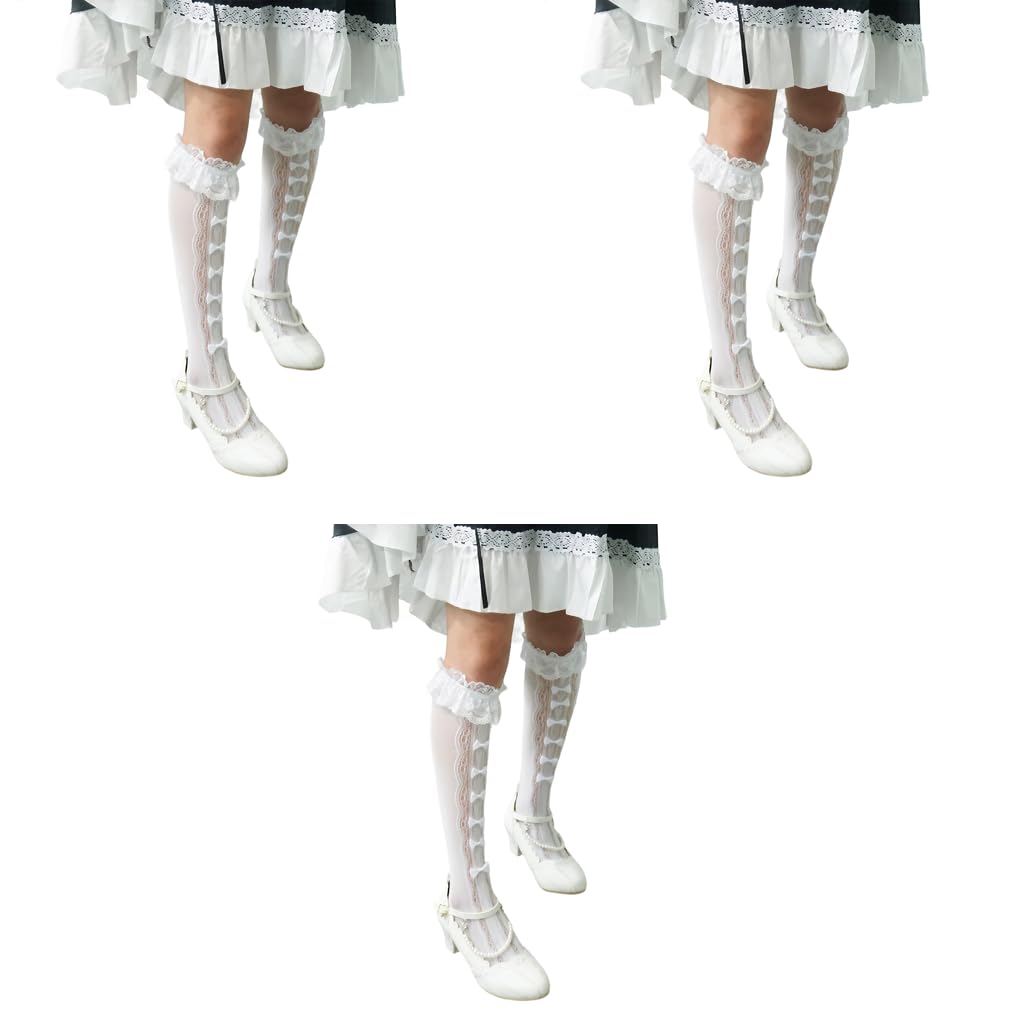 PALAY Lace Topped Calf Length Socks for Girls with Kawaii Bow Design 3 PCS | Lolita Fashion