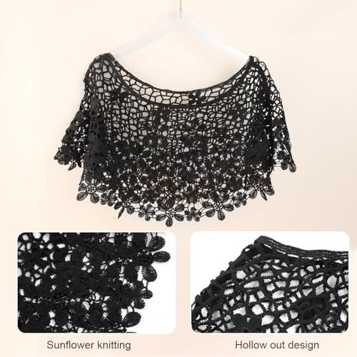 PALAY® Knitted Shawl Capes for Women Crochet Floral Pattern Poncho Cover Up Shawl Beach Wear Knitted Loose Shrugs Top for Women for Off-shoulder, Beachwear, Gown, Strapless, Black 3 PCS