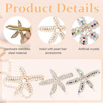 PALAY® 3pcs Starfish Hair Clips for Women Stylish Latest Rhinestone Pearls Hair Clip Sea Star Crystal Headpiece Shining Gold Alloy Wedding Hair Acccessories for Girls Bride