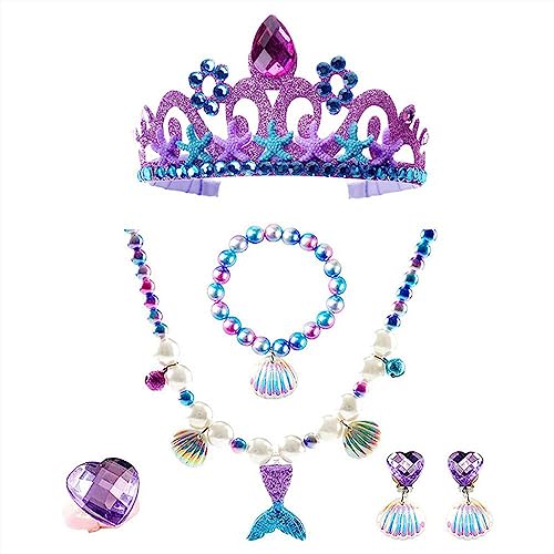 PALAY® Jewellery for Girls Mermaid Princess Crown Necklace Bracelet Earrings and Ring Set, Kids Party Dress up Jewelry Toy Gifts for Girls 4-12 Years Old