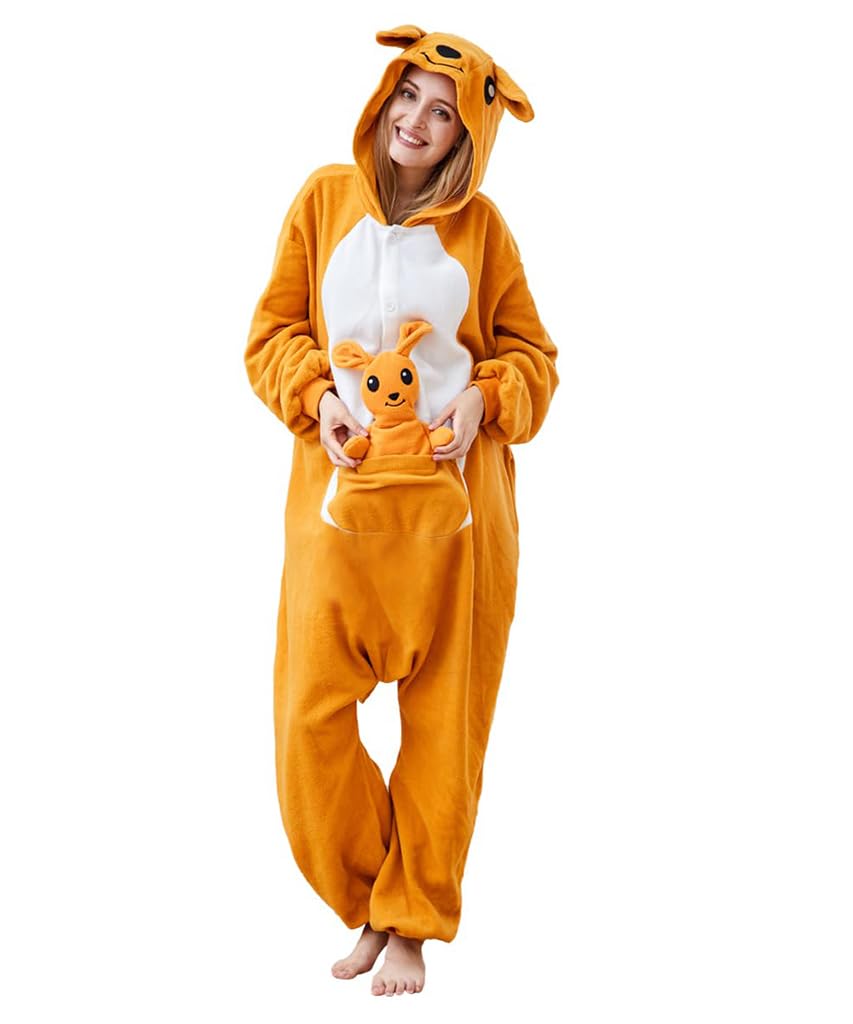 PALAY Cartoon Kangaroo Pajama for Women featuring Zipper Collar Hood Pocket and Plush Polar Fleece