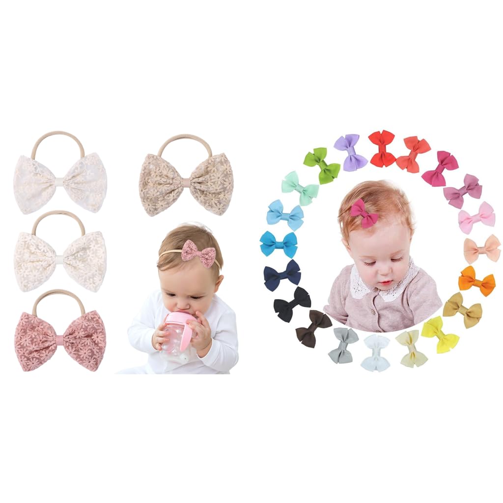 PALAY Hair Bow Set for Baby Girls featuring 4 Elastic Daisy Bands and 20 Ribbon Clips | Handmade