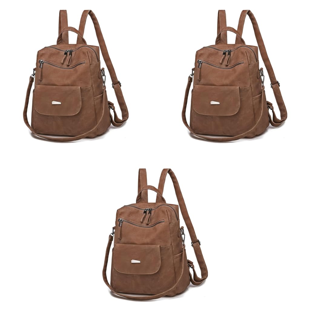 PALAY PU Leather Backpack for Women with 12x11 in Capacity and Back Zipper Pocket | Brown 3 PCS Set