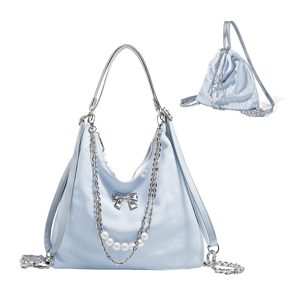 PALAY® Tote Bag for Women PU Hobo Bag Chic Bow Charm Chain Shoulder Bag Convertible Shoulder Bag Backpack Fashion Casual Hobo Bag, Blue