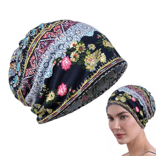 PALAY® Hijab Caps for Women, Floral Print Chemo Cap Slouchy Beanie Cap for Women, Fashion Hip-Hop Skull Dwarf Hats, Boho Soft Running Head Scarves for Teen Girls - All Season Use Blue