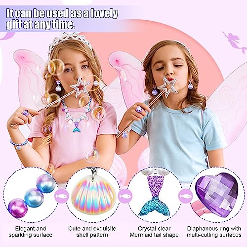 PALAY® Jewellery for Girls Mermaid Princess Crown Necklace Bracelet Earrings and Ring Set, Kids Party Dress up Jewelry Toy Gifts for Girls 4-12 Years Old