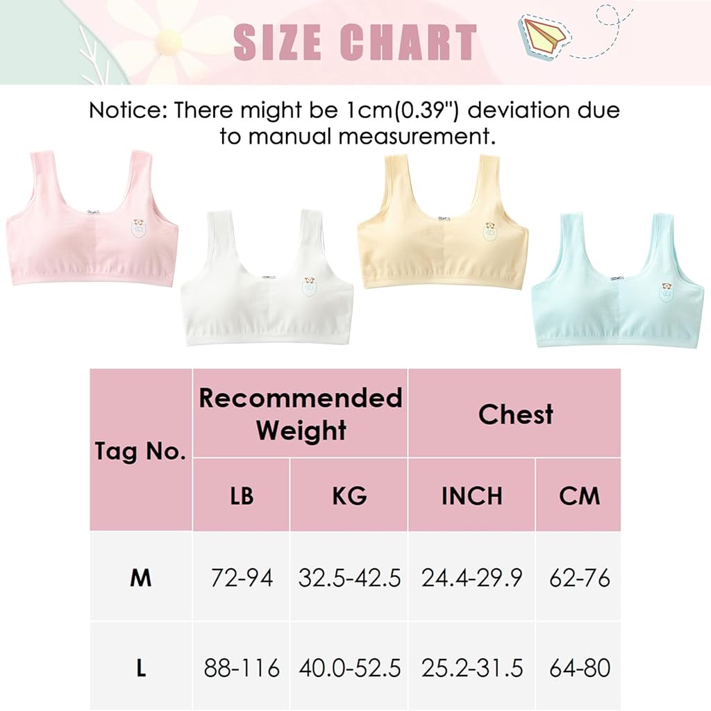 PALAY® 4Pack Training Bras for Teen Girls 8-12 Seamless Cotton Bralettes Sports Vest Girls Sports Bra, M