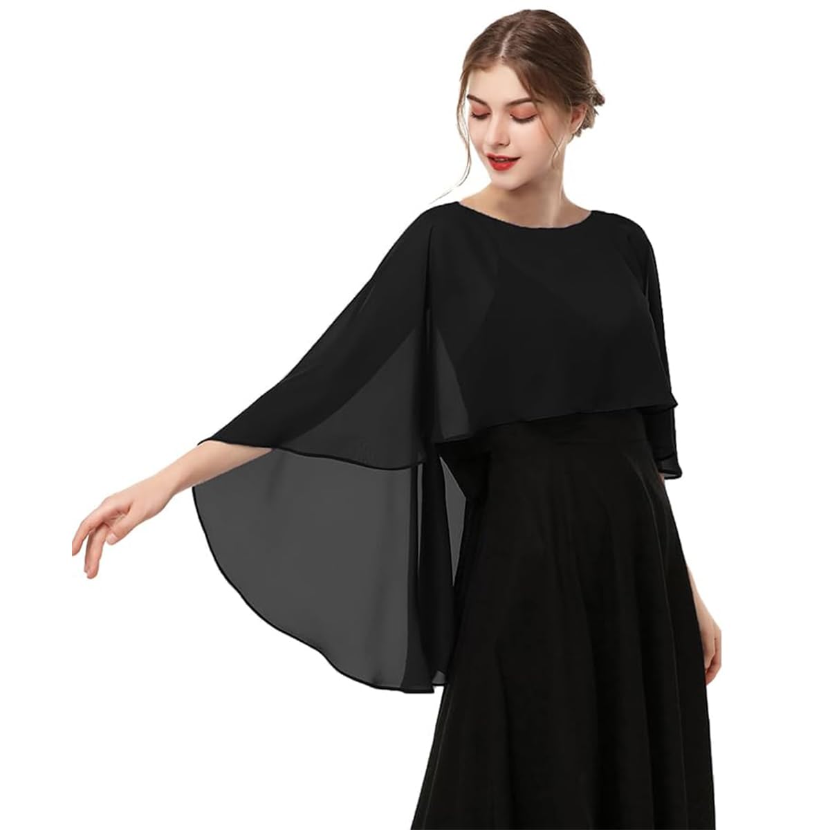 PALAY® Chiffon Shawl Wraps Capelet Formal Cover Up for Evening Dresses Black Sheer Party Wedding Capes for Women Off-shoulder Sun Protection Coverup