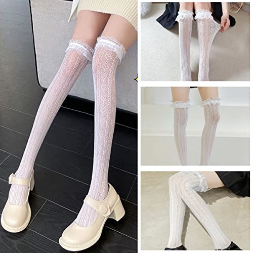 PALAY® Lolita Lace Socks for Girls Teens Fishnet Over Knee High Hollow Out Stockings Long Loose for Mary Jane Shoes Dress Uniforms 1 Pair White 3 PCS