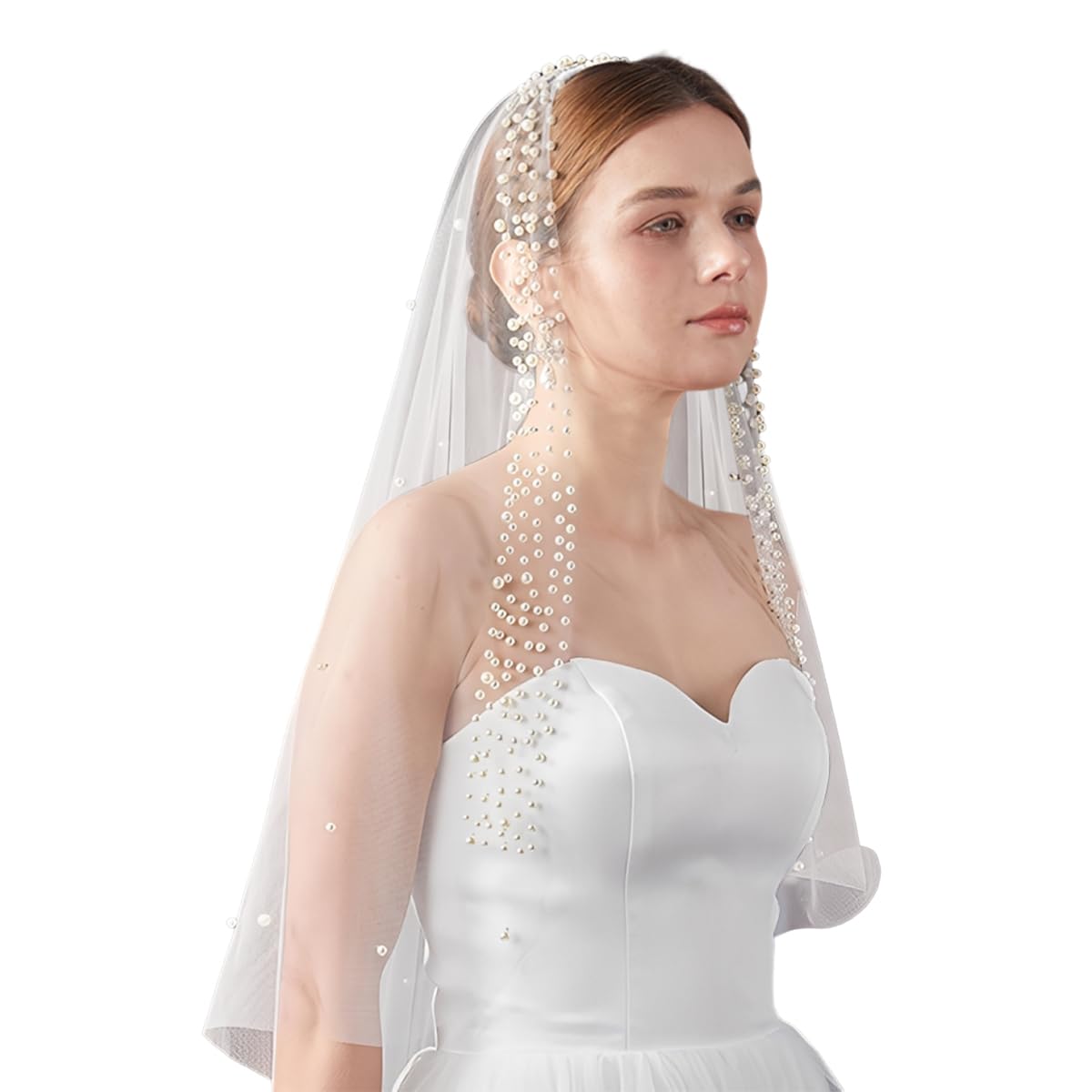 PALAY® 130cm Pearls Lace Wedding Veil for Bride with Comb Pin, Elegant White Wedding Gowns for Women Bridal Veil Bridal Tulle Hair Accessories for Women For Church & Bachelorette Party