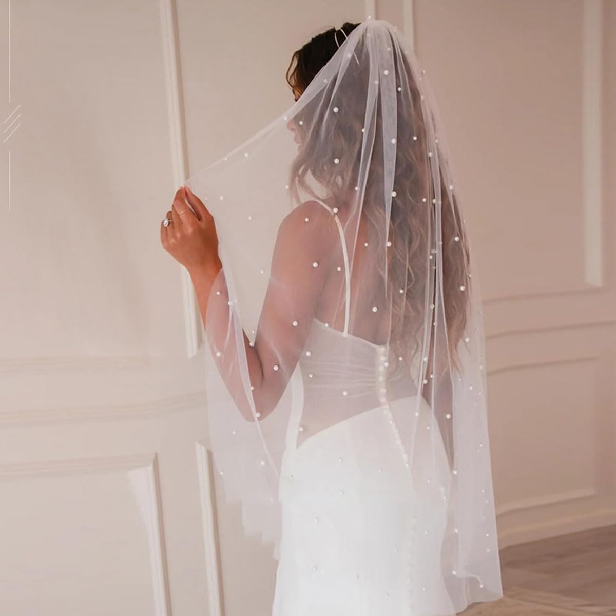 PALAY Pearl Bridal Veil for Wedding with Metal Comb and Lace Detail 100cm White | Elegant Bride Accessory