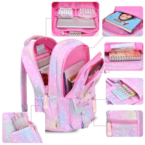 PALAY® School Backpacks for Girls Stylish School Bags for Girls Kids 7-12 Years Old Cartoon Water Resistant Backpack Durable Burden Relief School Bag Children's Day Birthday Gift for Girls - Pink