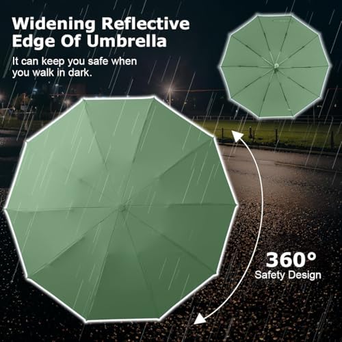 PALAY® Auto 3-Fold Large Umbrella with Reflective Strip 50 Inch Compact Travel Umbrella One-Touch Open Close Reinforced 10 Dual Ribs Sun Protection 99 Percent UV Rain Windproof for Men Women Green X 3