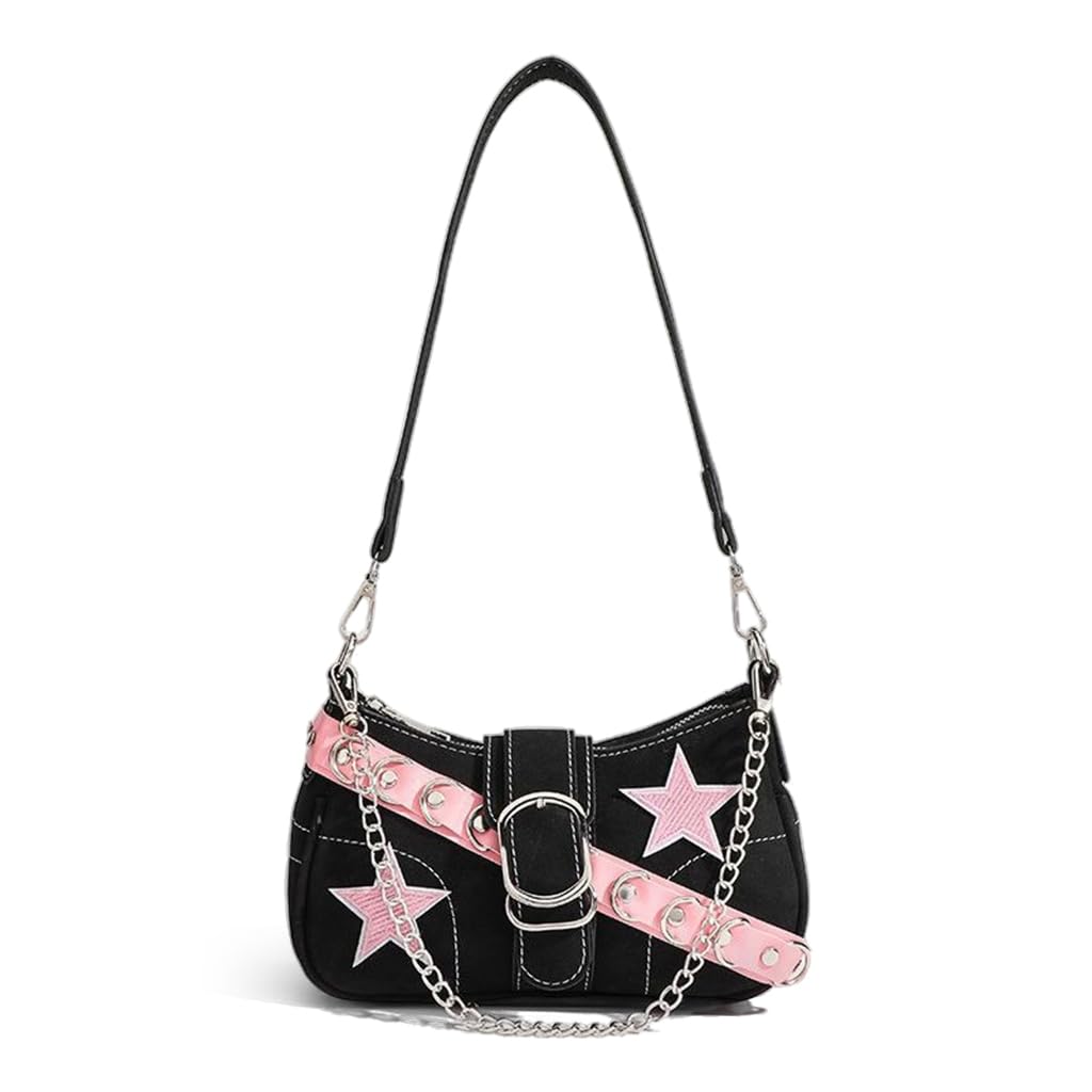 PALAY Shoulder Bag for Girls with Chain Charm and Zipper Closure 23x7x13cm Black | Y2K Style