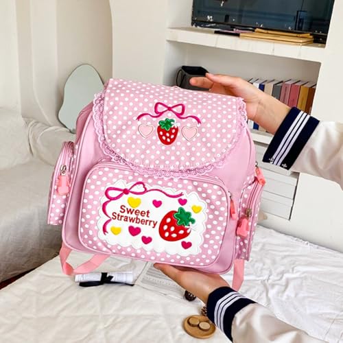 PALAY® Kawaii Canvas Backpack for Girls Pink Sweet Strawberry Embroidery Decal Lace Travel Multi Pockets Book Bag Casual Day Bag Children's Day Gift