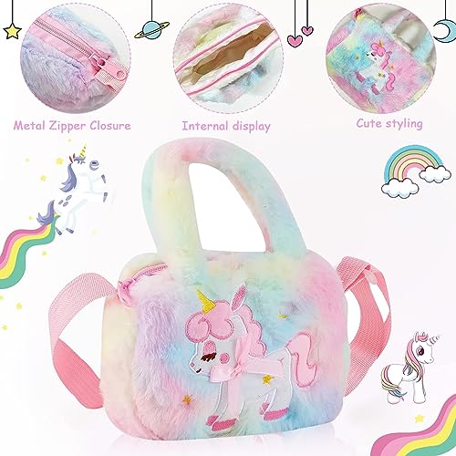 PALAY® Unicorn Crossbody Bag with Jewelry Set for Girls, Princess Plush Handbag Purse Beads Necklace Bracelet Earrings Rings and Stickers Set, Fashion Kids Costume Jewellery Party Dress up Gift