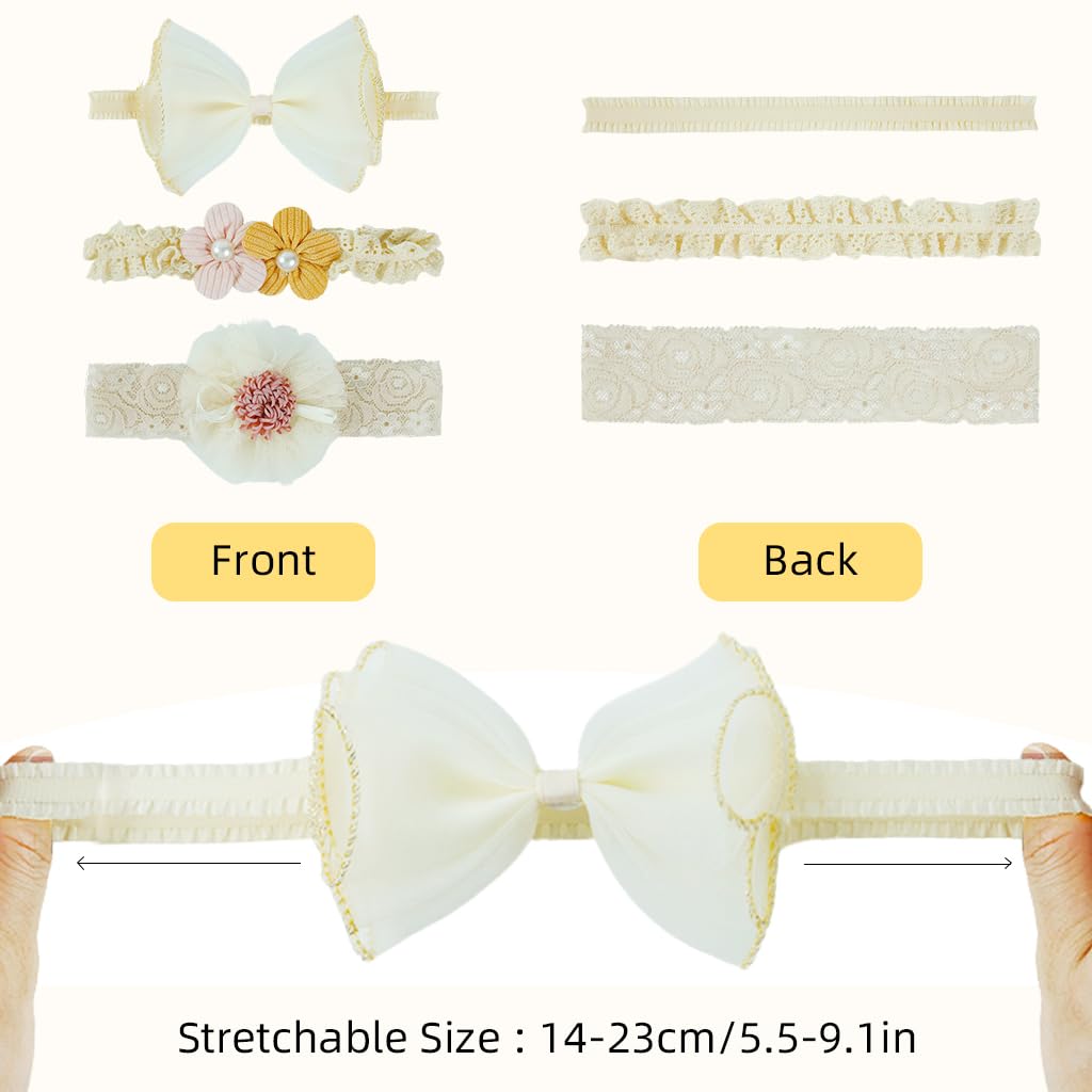 PALAY® 3pcs Bow Hairband for Baby Girl, Lace Flower Headband for Baby Girl, Cute Elastic Newborn Hairband Hair Accessories for Baby Girl Toddlers Gifts