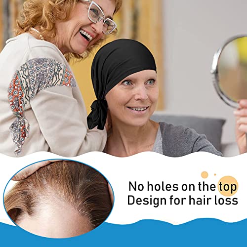 PALAY® Cotton Chemo Caps for Women Combo, Elastic Pre-Tied Slip On Head Scarf & Stretchy Turban Beanie, Cancer Headwear for Hair Loss, Headwrap for Yoga, Sleep & Daily Use - Black & Grey