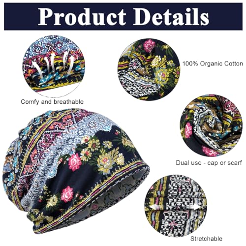 PALAY® Hijab Caps for Women, Floral Print Chemo Cap Slouchy Beanie Cap for Women, Fashion Hip-Hop Skull Dwarf Hats, Boho Soft Running Head Scarves for Teen Girls - All Season Use Blue