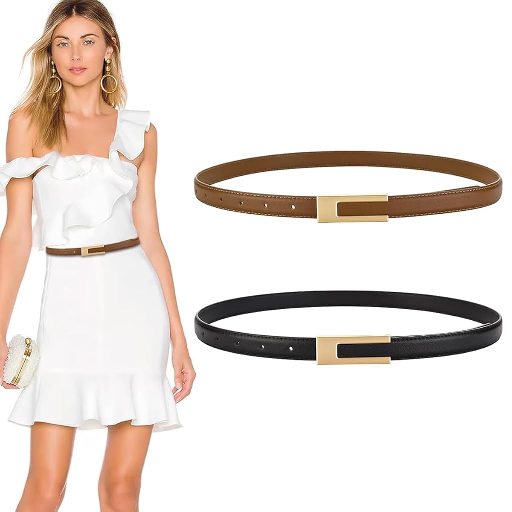 PALAY® 2pcs Waist Belt for Women Black & Brown Belts for Women, Skinny PU Leather Women Belt, Minimalism Gold Buckle Ladies Belt for Women Jeans, Dresses, Pants - Khaki & coffee