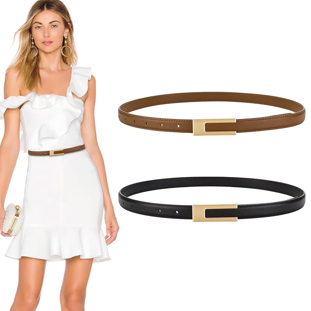 PALAY Women Belts for Jeans Dresses and Pants featuring Gold Buckle | 2Pcs 40in PU Leather