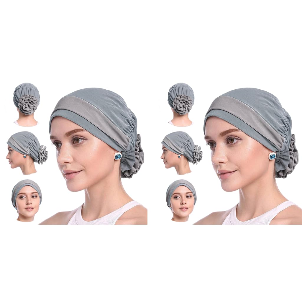 PALAY Chemo Caps for Women with Stretchy Cotton Turban Flower Design 56–60 cm Grey 2 PCS