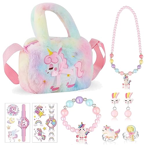 PALAY® Unicorn Crossbody Bag with Jewelry Set for Girls, Princess Plush Handbag Purse Beads Necklace Bracelet Earrings Rings and Stickers Set, Fashion Kids Costume Jewellery Party Dress up Gift